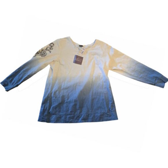 Ombre Blue White Floral Embroidered Sweatshirt Top XL NWT Rose Line Art Tattoo D - Picture 3 of 7